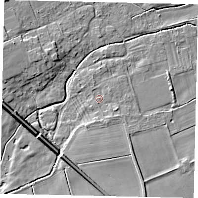 Shaded relief map of the ground around LN42ET, computed from Environment Agency LiDAR. The ground here sits at about 14 m above sea level and falls 11 m across the surrounding 800 m. Surface water reaching this point runs off ground lying to the south-south-east, 2.0 m higher.
