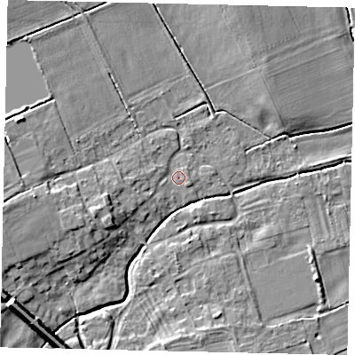 Shaded relief map of the ground around LN42EW, computed from Environment Agency LiDAR. The ground here sits at about 13 m above sea level and falls 13 m across the surrounding 800 m. Surface water reaching this point runs off ground lying to the west, 2.3 m higher.