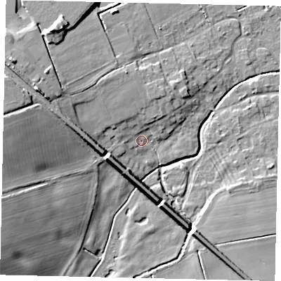 Shaded relief map of the ground around LN42EX, computed from Environment Agency LiDAR. The ground here sits at about 15 m above sea level and falls 16 m across the surrounding 800 m. Surface water reaching this point runs off ground lying to the west-north-west, 8.4 m higher.