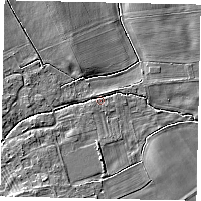 Shaded relief map of the ground around LN42HB, computed from Environment Agency LiDAR. The ground here sits at about 12 m above sea level and falls 7 m across the surrounding 800 m. Surface water reaching this point runs off ground lying to the north, 2.0 m higher.