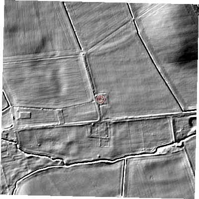 Shaded relief map of the ground around LN42HD, computed from Environment Agency LiDAR. The ground here sits at about 11 m above sea level and falls 8 m across the surrounding 800 m. Surface water reaching this point runs off ground lying to the west-south-west, 1.3 m higher.
