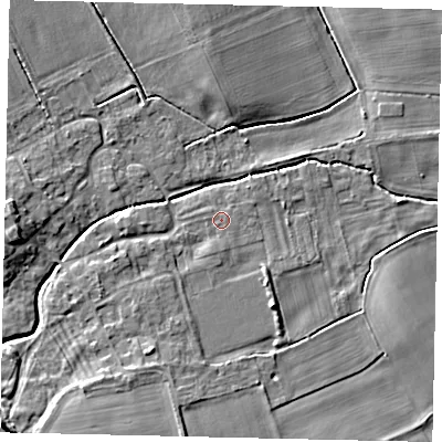 Shaded relief map of the ground around LN42HE, computed from Environment Agency LiDAR. The ground here sits at about 13 m above sea level and falls 11 m across the surrounding 800 m. Surface water reaching this point runs off ground lying to the south, 4.0 m higher.
