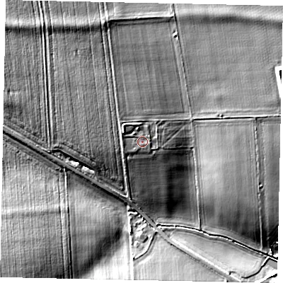 Shaded relief map of the ground around LN42RT, computed from Environment Agency LiDAR. The ground here sits at about 53 m above sea level and falls 13 m across the surrounding 800 m. Surface water reaching this point runs off ground lying to the west-north-west, 1.2 m higher.