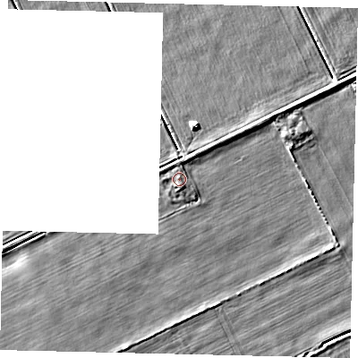 Shaded relief map of the ground around LN43AG, computed from Environment Agency LiDAR. The ground here sits at about 3 m above sea level and falls 4 m across the surrounding 800 m. Surface water reaching this point runs off ground lying to the south-south-east, 0.7 m higher.