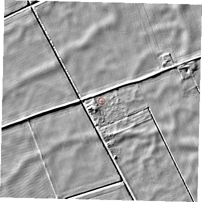 Shaded relief map of the ground around LN43AH, computed from Environment Agency LiDAR. The ground here sits at about 1 m above sea level and falls 4 m across the surrounding 800 m. Surface water reaching this point runs off ground lying to the south-west, 1.9 m higher.