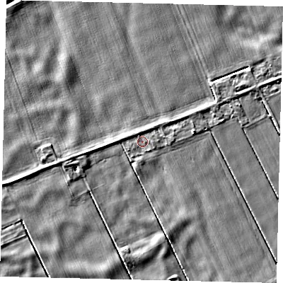 Shaded relief map of the ground around LN43AJ, computed from Environment Agency LiDAR. The ground here sits at about 1 m above sea level and falls 4 m across the surrounding 800 m. Surface water reaching this point runs off ground lying to the north-north-east, 1.5 m higher.