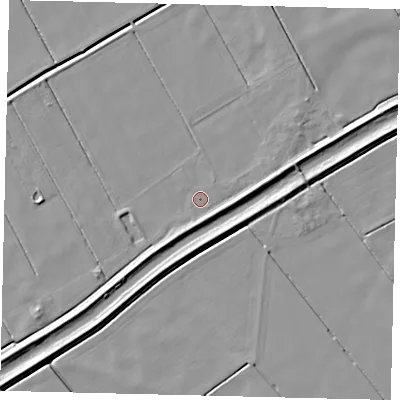 Shaded relief map of the ground around LN43AL, computed from Environment Agency LiDAR. The ground here sits at about 2 m above sea level and falls 5 m across the surrounding 800 m. The ground contributing surface water to this point lies to the east-north-east.