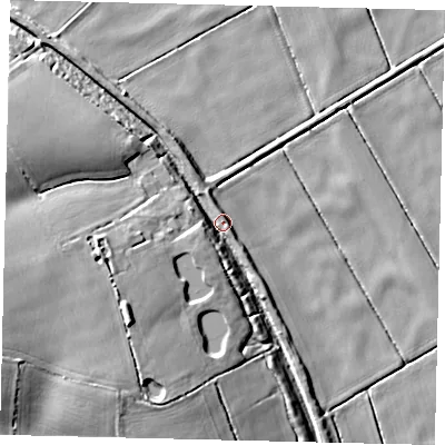 Shaded relief map of the ground around LN43AN, computed from Environment Agency LiDAR. The ground here sits at about 5 m above sea level and falls 17 m across the surrounding 800 m. Surface water reaching this point runs off ground lying to the south-west, 14.3 m higher.