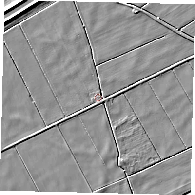 Shaded relief map of the ground around LN43AP, computed from Environment Agency LiDAR. The ground here sits at about 2 m above sea level and falls 6 m across the surrounding 800 m. Surface water reaching this point runs off ground lying to the south-east, 1.1 m higher.