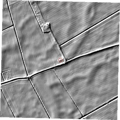 Shaded relief map of the ground around LN43AW, computed from Environment Agency LiDAR. The ground here sits at about 2 m above sea level and falls 4 m across the surrounding 800 m. Surface water reaching this point runs off ground lying to the east, 1.6 m higher.