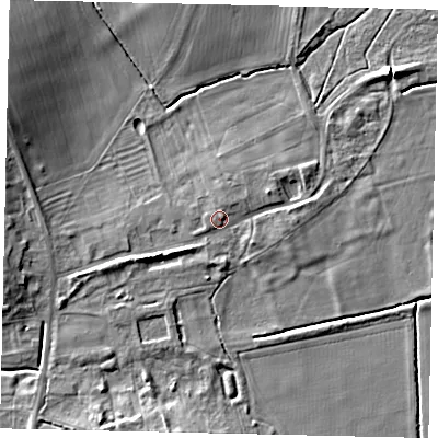 Shaded relief map of the ground around LN43BB, computed from Environment Agency LiDAR. The ground here sits at about 15 m above sea level and falls 10 m across the surrounding 800 m. Surface water reaching this point runs off ground lying to the west-south-west, 3.0 m higher.