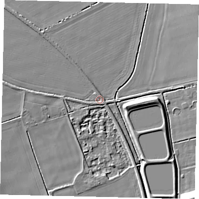 Shaded relief map of the ground around LN43BE, computed from Environment Agency LiDAR. The ground here sits at about 8 m above sea level and falls 9 m across the surrounding 800 m. Surface water reaching this point runs off ground lying to the west, 2.8 m higher.