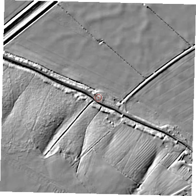Shaded relief map of the ground around LN43BJ, computed from Environment Agency LiDAR. The ground here sits at about 5 m above sea level and falls 18 m across the surrounding 800 m. Surface water reaching this point runs off ground lying to the south-south-west, 15.5 m higher.