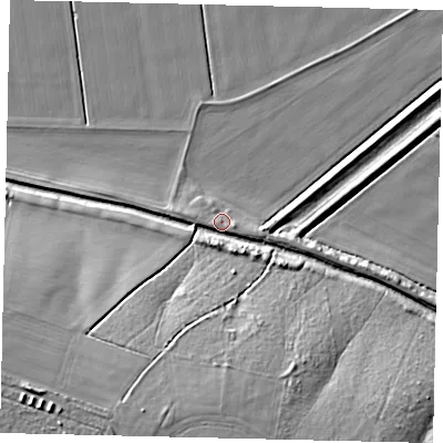Shaded relief map of the ground around LN43BW, computed from Environment Agency LiDAR. The ground here sits at about 4 m above sea level and falls 19 m across the surrounding 800 m. Surface water reaching this point runs off ground lying to the south-west, 16.8 m higher.