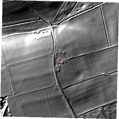 Shaded relief map of the ground around LN43DQ, computed from Environment Agency LiDAR. The ground here sits at about 29 m above sea level and falls 26 m across the surrounding 800 m. Surface water reaching this point runs off ground lying to the south-south-west, 4.3 m higher.