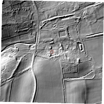 Shaded relief map of the ground around LN43FY, computed from Environment Agency LiDAR. The ground here sits at about 17 m above sea level and falls 17 m across the surrounding 800 m. Surface water reaching this point runs off ground lying to the south-east, 4.1 m higher.