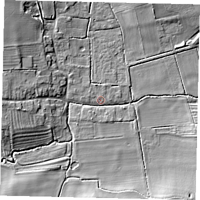 Shaded relief map of the ground around LN43NE, computed from Environment Agency LiDAR. The ground here sits at about 12 m above sea level and falls 10 m across the surrounding 800 m. Surface water reaching this point runs off ground lying to the north-west, 9.4 m higher.