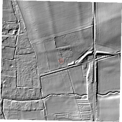 Shaded relief map of the ground around LN43NF, computed from Environment Agency LiDAR. The ground here sits at about 13 m above sea level and falls 9 m across the surrounding 800 m. Surface water reaching this point runs off ground lying to the north-west, 1.1 m higher.