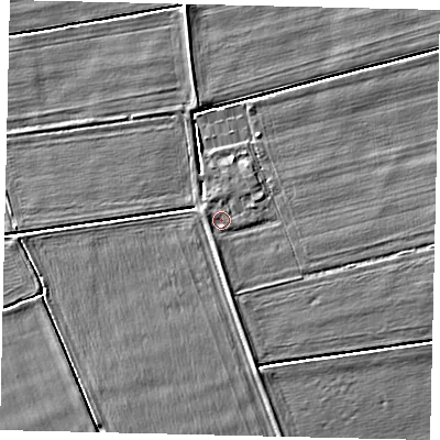 Shaded relief map of the ground around LN43NG, computed from Environment Agency LiDAR. The ground here sits at about 6 m above sea level and falls 4 m across the surrounding 800 m. Surface water reaching this point runs off ground lying to the west-north-west, 0.8 m higher.