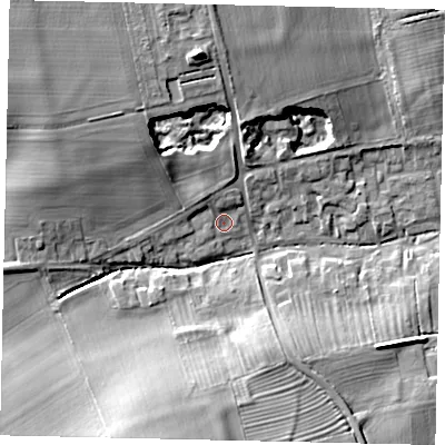 Shaded relief map of the ground around LN43NJ, computed from Environment Agency LiDAR. The ground here sits at about 16 m above sea level and falls 15 m across the surrounding 800 m. Surface water reaching this point runs off ground lying to the north-west, 2.7 m higher.