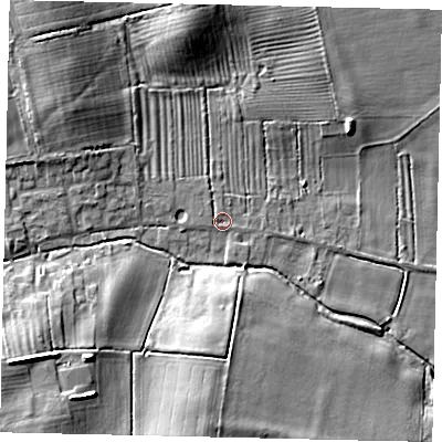 Shaded relief map of the ground around LN43NW, computed from Environment Agency LiDAR. The ground here sits at about 14 m above sea level and falls 10 m across the surrounding 800 m. Surface water reaching this point runs off ground lying to the south-west, 8.0 m higher.