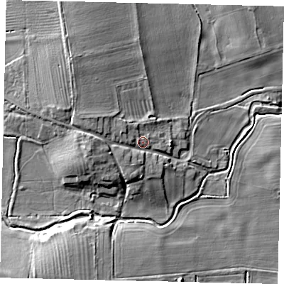 Shaded relief map of the ground around LN43PE, computed from Environment Agency LiDAR. The ground here sits at about 14 m above sea level and falls 10 m across the surrounding 800 m. Surface water reaching this point runs off ground lying to the west-north-west, 4.0 m higher.