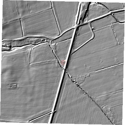 Shaded relief map of the ground around LN43PG, computed from Environment Agency LiDAR. The ground here sits at about 8 m above sea level and falls 7 m across the surrounding 800 m. Surface water reaching this point runs off ground lying to the west, 3.9 m higher.
