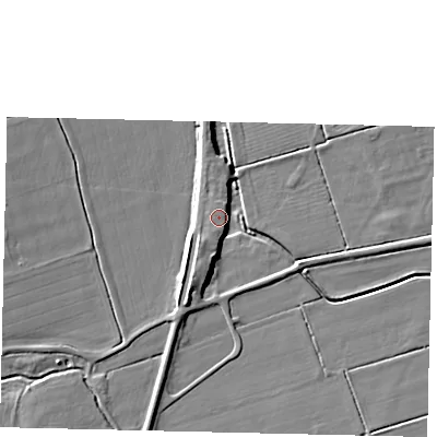 Shaded relief map of the ground around LN43PQ, computed from Environment Agency LiDAR. The ground here sits at about 9 m above sea level and falls 5 m across the surrounding 800 m. Surface water reaching this point runs off ground lying to the south-south-west, 4.8 m higher.