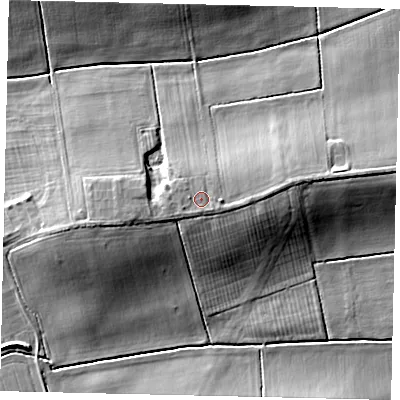 Shaded relief map of the ground around LN43QB, computed from Environment Agency LiDAR. The ground here sits at about 12 m above sea level and falls 10 m across the surrounding 800 m. Surface water reaching this point runs off ground lying to the west-south-west, 0.8 m higher.