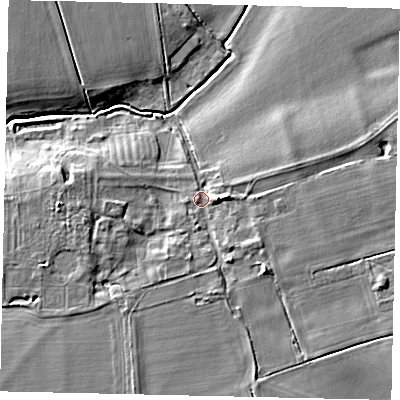 Shaded relief map of the ground around LN43QF, computed from Environment Agency LiDAR. The ground here sits at about 19 m above sea level and falls 8 m across the surrounding 800 m. Surface water reaching this point runs off ground lying to the south-west, 4.2 m higher.
