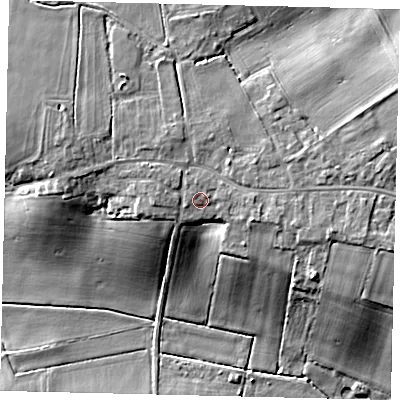 Shaded relief map of the ground around LN43QS, computed from Environment Agency LiDAR. The ground here sits at about 16 m above sea level and falls 14 m across the surrounding 800 m. Surface water reaching this point runs off ground lying to the north-north-west, 1.9 m higher.