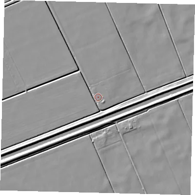 Shaded relief map of the ground around LN43RF, computed from Environment Agency LiDAR. The ground here sits at about 2 m above sea level and falls 6 m across the surrounding 800 m. Surface water reaching this point runs off ground lying to the west-north-west, 2.4 m higher.