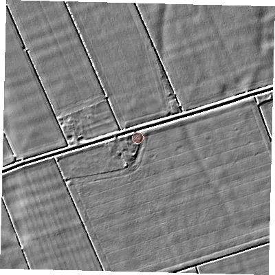 Shaded relief map of the ground around LN43RG, computed from Environment Agency LiDAR. The ground here sits at about 2 m above sea level and falls 3 m across the surrounding 800 m. Surface water reaching this point runs off ground lying to the north-north-west, 2.8 m higher.