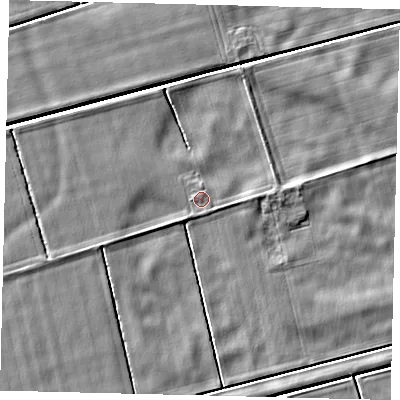Shaded relief map of the ground around LN43RH, computed from Environment Agency LiDAR. The ground here sits at about 2 m above sea level and falls 3 m across the surrounding 800 m. Surface water reaching this point runs off ground lying to the west-north-west, 0.6 m higher.