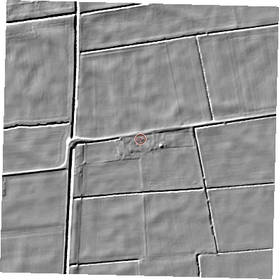 Shaded relief map of the ground around LN43RQ, computed from Environment Agency LiDAR. The ground here sits at about 1 m above sea level and falls 3 m across the surrounding 800 m. Surface water reaching this point runs off ground lying to the east-south-east, 1.4 m higher.