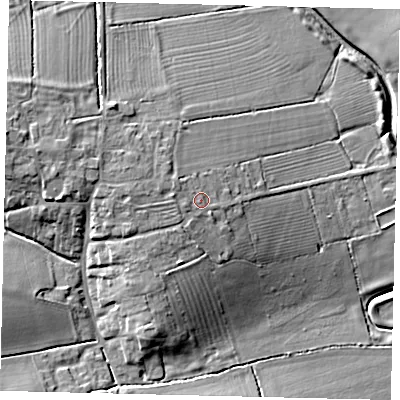 Shaded relief map of the ground around LN43SD, computed from Environment Agency LiDAR. The ground here sits at about 13 m above sea level and falls 15 m across the surrounding 800 m. Surface water reaching this point runs off ground lying to the west, 1.7 m higher.