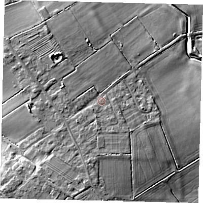 Shaded relief map of the ground around LN43SZ, computed from Environment Agency LiDAR. The ground here sits at about 13 m above sea level and falls 14 m across the surrounding 800 m. Surface water reaching this point runs off ground lying to the south-south-west, 2.4 m higher.