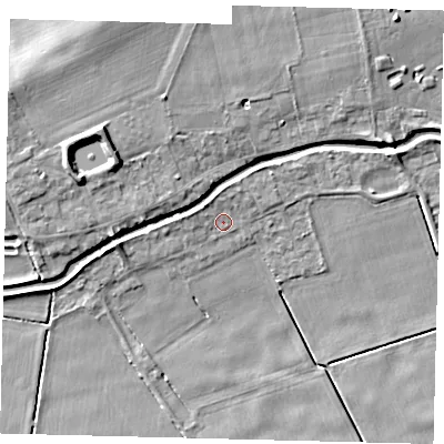 Shaded relief map of the ground around LN44AG, computed from Environment Agency LiDAR. The ground here sits at about 3 m above sea level and falls 10 m across the surrounding 800 m. Surface water reaching this point runs off ground lying to the north-west, 1.6 m higher.