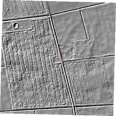 Shaded relief map of the ground around LN44AH, computed from Environment Agency LiDAR. The ground here sits at about 2 m above sea level and falls 4 m across the surrounding 800 m. Surface water reaching this point runs off ground lying to the south-west, 1.1 m higher.