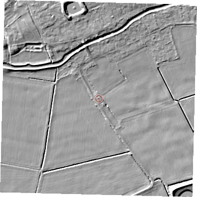 Shaded relief map of the ground around LN44AL, computed from Environment Agency LiDAR. The ground here sits at about 2 m above sea level and falls 10 m across the surrounding 800 m. Surface water reaching this point runs off ground lying to the north-west, 1.5 m higher.