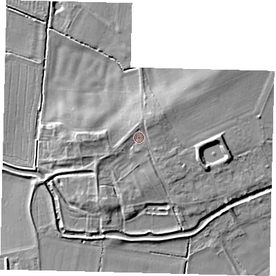 Shaded relief map of the ground around LN44AP, computed from Environment Agency LiDAR. The ground here sits at about 7 m above sea level and falls 8 m across the surrounding 800 m. Surface water reaching this point runs off ground lying to the north-north-east, 1.6 m higher.