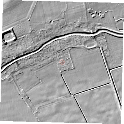 Shaded relief map of the ground around LN44AQ, computed from Environment Agency LiDAR. The ground here sits at about 3 m above sea level and falls 10 m across the surrounding 800 m. Surface water reaching this point runs off ground lying to the north-west, 2.1 m higher.
