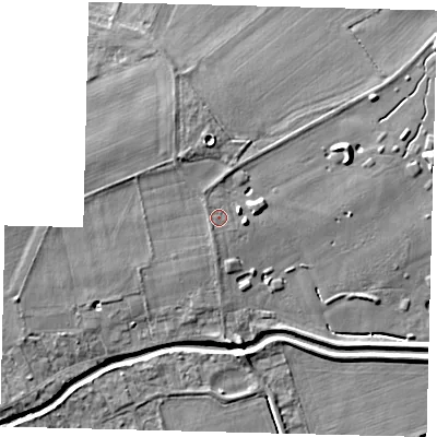 Shaded relief map of the ground around LN44AT, computed from Environment Agency LiDAR. The ground here sits at about 6 m above sea level and falls 8 m across the surrounding 800 m. Surface water reaching this point runs off ground lying to the north-west, 0.6 m higher.