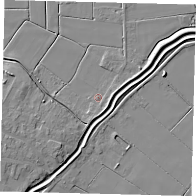 Shaded relief map of the ground around LN44AY, computed from Environment Agency LiDAR. The ground here sits at about 3 m above sea level and falls 8 m across the surrounding 800 m. Surface water reaching this point runs off ground lying to the east, 2.5 m higher.
