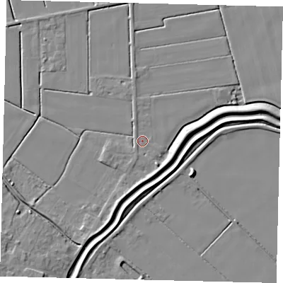 Shaded relief map of the ground around LN44AZ, computed from Environment Agency LiDAR. The ground here sits at about 2 m above sea level and falls 6 m across the surrounding 800 m. Surface water reaching this point runs off ground lying to the north-west, 0.8 m higher.