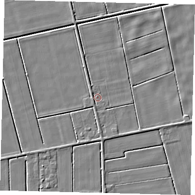 Shaded relief map of the ground around LN44BB, computed from Environment Agency LiDAR. The ground here sits at about 2 m above sea level and falls 4 m across the surrounding 800 m. Surface water reaching this point runs off ground lying to the north-west, 1.3 m higher.