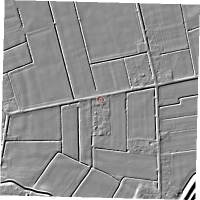 Shaded relief map of the ground around LN44BD, computed from Environment Agency LiDAR. The ground here sits at about 2 m above sea level and falls 6 m across the surrounding 800 m. Surface water reaching this point runs off ground lying to the south-west, 4.4 m higher.