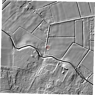 Shaded relief map of the ground around LN44BE, computed from Environment Agency LiDAR. The ground here sits at about 2 m above sea level and falls 10 m across the surrounding 800 m. Surface water reaching this point runs off ground lying to the south, 2.7 m higher.