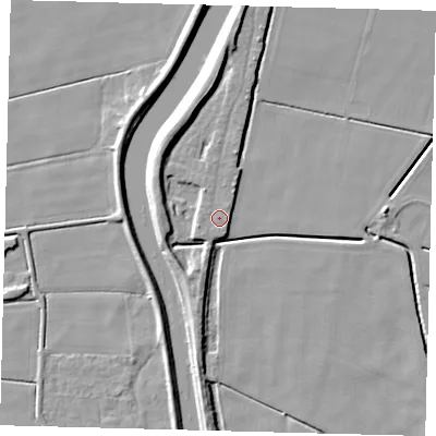 Shaded relief map of the ground around LN44BF, computed from Environment Agency LiDAR. The ground here sits at about 3 m above sea level and falls 8 m across the surrounding 800 m. Surface water reaching this point runs off ground lying to the west-south-west, 1.1 m higher.