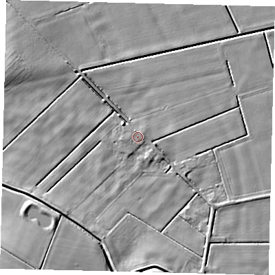 Shaded relief map of the ground around LN44BG, computed from Environment Agency LiDAR. The ground here sits at about 2 m above sea level and falls 13 m across the surrounding 800 m. Surface water reaching this point runs off ground lying to the north-east, 1.0 m higher.